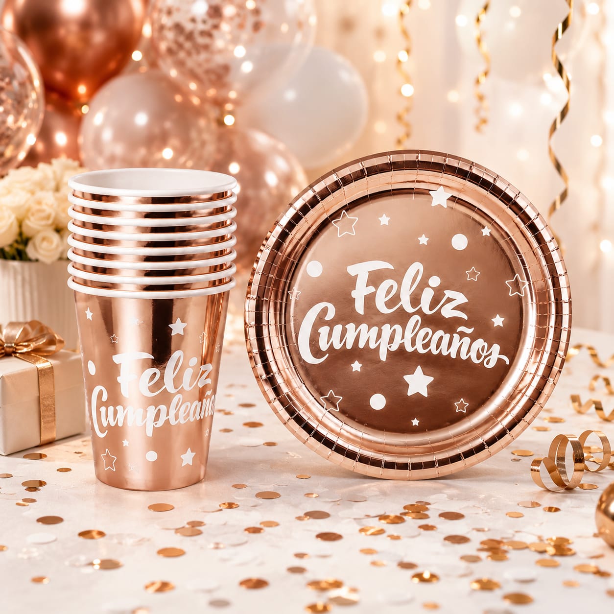 Set 10 Platos Torta + 10 Vasos Color Oro Rosa 